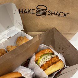 Shake Shack Mountain View Village - Chicken nuggets , hamburger and a chicken sandwich.