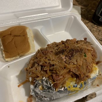 Capt Frank's Smoke Shack - Loaded pulled pork baked potato. - Barbeque Near Me - Bayou La Batre, Alabama Capt Frank's Smoke Shack - Loaded pulled pork baked potato. - Barbeque Near Me - Bayou La Batre, Alabama