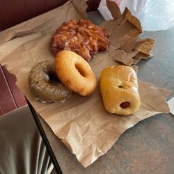 Dawn Donuts - Jalapeño sausage kolache, Apple fritter, plain cake donut & a blueberry "antioxidant" donut I added antioxidant myself