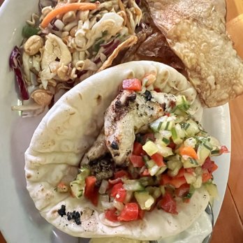 Lulu Cafe and Bar - Sesame Chicken Pita with a lil' of both (Lulu Chips and Asian Slaw) - don't forget the blue cheese dip! - New American Near Me - Milwaukee, Wisconsin