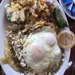 Huevos rancheros, Verde-with eggs over-easy and their house potatoes