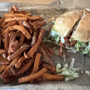 The Pharmacy Burger - Pharmacy burger and sweet potato fries. - Burgers Near Me - Nashville, Tennessee The Pharmacy Burger - Pharmacy burger and sweet potato fries. - Burgers Near Me - Nashville, Tennessee