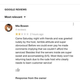 Review I left on google and the owners response to the situation.