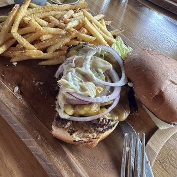 Block 3 Kitchen & Bar - Smash burger with Parmesan fries- delicious! - Steakhouses Near Me - Big Sky, Montana