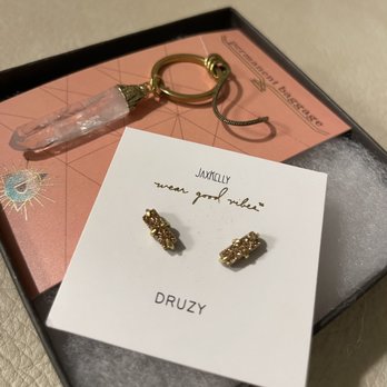 Sparrow Collective - Purchases Left: Clear quartz crystal pendant from Permanent Baggage. Right: Rose Gold Cluster druzy earrings from JaxKelly. - Accessories Near Me - Milwaukee, Wisconsin