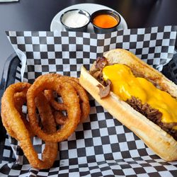 Main Street Social - Ribeye sandwich and onion rings