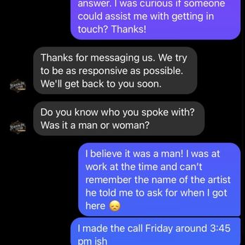 Reigning Ink Tattoo - screenshot of messages between client and business Facebook page - Piercing Near Me - Tullahoma, Tennessee Reigning Ink Tattoo - screenshot of messages between client and business Facebook page - Piercing Near Me - Tullahoma, Tennessee