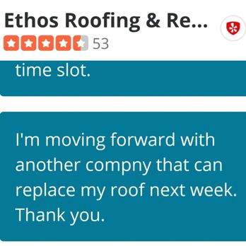 Ethos Roofing & Restoration - Screenshot of my message on  Yelp Projects - Roofing Near Me - Centennial, Colorado
