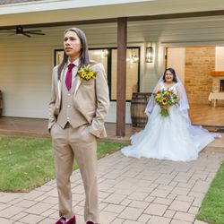 NB Suits, Tuxedos, Bridal & Formal Dresses - Tan tuxedo paired with wine accents make for a memorable photo!