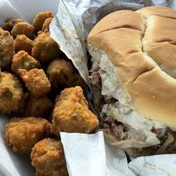 GLADISHS BBQ - my pulled pork sandwich (with slaw on it) and breaded fried okra