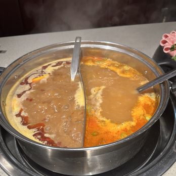 Chubby Cattle - Family style pot: House Hellish Spicy Pot (Mild) & Tomato Oxtail Pot - Hot Pot Near Me - Las Vegas, Nevada Chubby Cattle - Family style pot: House Hellish Spicy Pot (Mild) & Tomato Oxtail Pot - Hot Pot Near Me - Las Vegas, Nevada