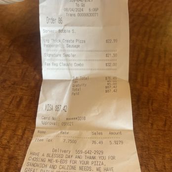 Me-n-Ed's Pizzeria - Receipt - Pizza Near Me - Oakhurst, California