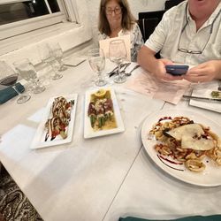 Friends and appetizers. Calamari and artichoke hearts