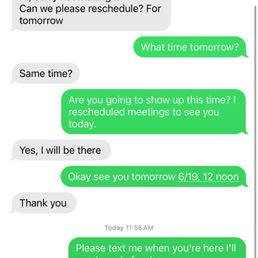 Screenshot of Carmelo NOT SHOWING UP to TWO scheduled appointments.