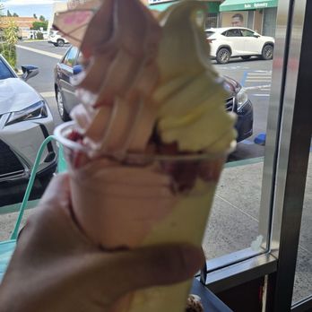 Pineapple Lagoon - Dole whip with peach and pineapple + fresh strawberries - Ice Cream & Frozen Yogurt Near Me - Garden Grove, California Pineapple Lagoon - Dole whip with peach and pineapple + fresh strawberries - Ice Cream & Frozen Yogurt Near Me - Garden Grove, California