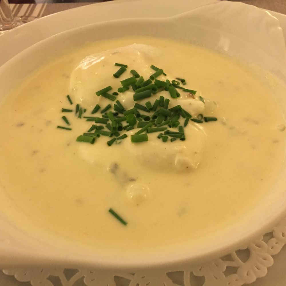 Les Embruns - Poached Eggs in the Blue Cheese Soup (Starter, listed in French, changed daily maybe) - French Near Me - Paris, 75 Les Embruns - Poached Eggs in the Blue Cheese Soup (Starter, listed in French, changed daily maybe) - French Near Me - Paris, 75