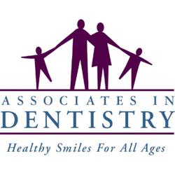 Associates In Dentistry in Peoria IL - Family of four holding hands illustration in maroon above the Associates In Dentistry wordmark in blue, with the tagline "Hea...