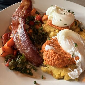 Blue Mermaid - Island hash and eggs with polenta cakes and romanesco sauce. - Caribbean Near Me - Kittery, Maine