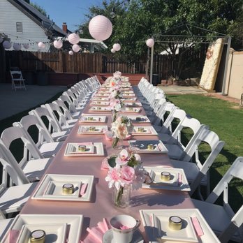 EPR Events - White Resin Chair, Rectangular Tables, Pink table cloths - Party Equipment Rentals Near Me - Riverside, California EPR Events - White Resin Chair, Rectangular Tables, Pink table cloths - Party Equipment Rentals Near Me - Riverside, California