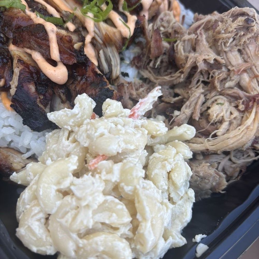 Ohana Street Bites - OHANA MIX plate (teriyaki chicken, kalua pork, rice, macaroni salad, diced green onions, toasted sesame seeds, and sriracha mayo) - Food Stands Near Me Ohana Street Bites - OHANA MIX plate (teriyaki chicken, kalua pork, rice, macaroni salad, diced green onions, toasted sesame seeds, and sriracha mayo) - Food Stands Near Me