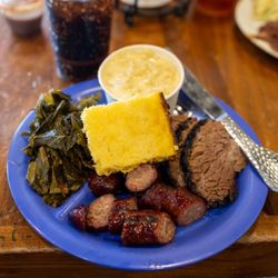 Satchel's  BBQ - Brisket and Kielbasa Combo with Mac & Cheese and Collard Greens