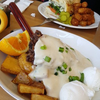 Main Kitchen Cafe - Front: chicken fried steak (actual steak instead of ground patty) with potatoes instead of biscuit. Back: chicken salad sandwich and tots - New American Near Me - Granada Hills, California