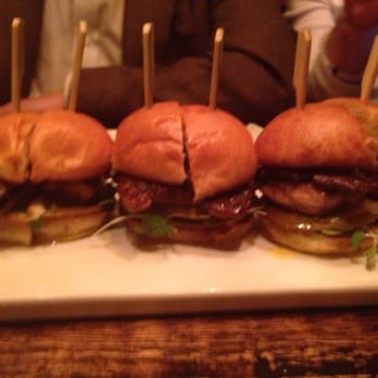 HONEY Restaurant - Foie grois sliders; hudson valley foie gras, house made duck bacon, bosc pear, spiced fig ketchup, and brioche - New American Near Me - Doylestown, Pennsylvania