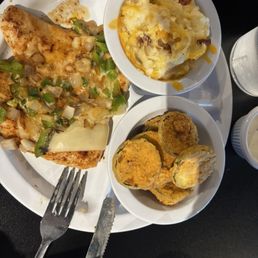 Monterey chicken, Fried Zucchini, twice baked mashed potatoes Monterey chicken, Fried Zucchini, twice baked mashed potatoes