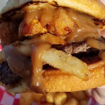 Cove Point Crossing - Poutine burger $11 - jalapeno cheese curds, fries, brown gravy - American Near Me - Beaver Bay, Minnesota