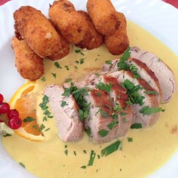 Restaurant Böhm - Roast pork in mustard sauce, with potato croquettes. - Palatine Near Me - Grafenwöhr, BY Restaurant Böhm - Roast pork in mustard sauce, with potato croquettes. - Palatine Near Me - Grafenwöhr, BY