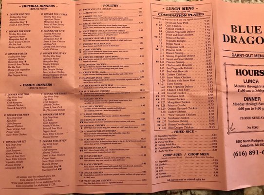 Menu photo 1 Blue Dragon Restaurant Caledonia, MI