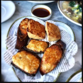1480 HK Café - Stuffed three treasures (lightly fried eggplant, green pepper, and tofu w/ fish paste filling) - Hong Kong Style Cafe Near Me - Douglaston, New York 1480 HK Café - Stuffed three treasures (lightly fried eggplant, green pepper, and tofu w/ fish paste filling) - Hong Kong Style Cafe Near Me - Douglaston, New York