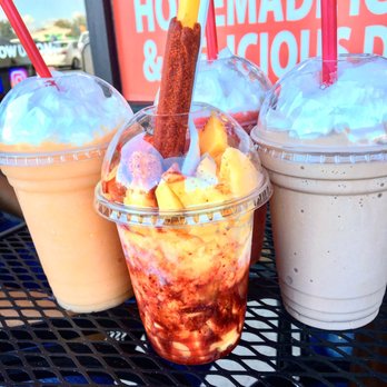 El Frutal - Mangonada, melon and straw smoothie, and a chocolate milkshake - Mexican Near Me - Stockton, California