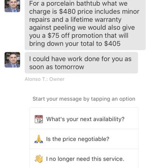 A & E Bathtub Refinishing - Fast response if you're a new customer. Not worth $480 and that's way above what I originally paid and above the average estimates I got. - Refinishing Services Near Me - Altadena, California A & E Bathtub Refinishing - Fast response if you're a new customer. Not worth $480 and that's way above what I originally paid and above the average estimates I got. - Refinishing Services Near Me - Altadena, California
