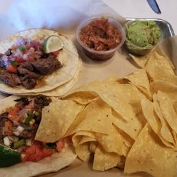 Carne asada tacos with chips