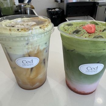 Ced Coffee & Donut - Pistachio Einspanner and Double Strawberry matcha with oat milk - Coffee & Tea Near Me - Westminster, California Ced Coffee & Donut - Pistachio Einspanner and Double Strawberry matcha with oat milk - Coffee & Tea Near Me - Westminster, California