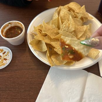 Los Tapatios Mexican Restaurant - Salsa and  small size chip bag - Mexican Near Me - Visalia, California
