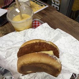 Crispy Chickun Egg Breakfast Sandwich and Mango smoothie