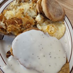 Chicken Fried Steak breakfast and hash browns out of this world!