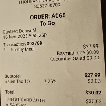 Zankou Chicken - The receipt for the purchase at restaurant for the same family meal that online goes for $25.99 - Mediterranean Near Me - Thousand Oaks, California Zankou Chicken - The receipt for the purchase at restaurant for the same family meal that online goes for $25.99 - Mediterranean Near Me - Thousand Oaks, California