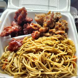 Kokito's Chinese Food and Sushi - Noodles with sweet and sour chicken and sesame chicken. Chicken has no breading and is crispy!