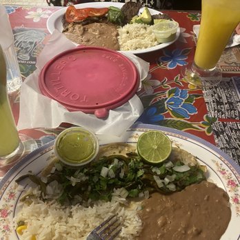 Tarasco's - Plate in view is cactus tacos, further away is the carne asada plate. The carne asada plate came with warm tortillas. - Mexican Near Me - Denver, Colorado