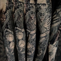 Once in a Blue Moon Tattoo - Blackwork sleeve done by Kerry Brown