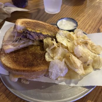 The Pint and Brew - Patty melt with fresh chips. - Beer Bar Near Me - Tampa, Florida The Pint and Brew - Patty melt with fresh chips. - Beer Bar Near Me - Tampa, Florida