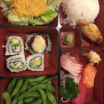Toro - Sashimi bento. Clockwise: salad, rice, gyoza, pickled ginger (to cleanse the palate), sashimi, blanched beans, sushi - Korean Near Me - Fishkill, New York