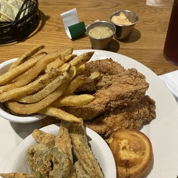 Bantam & Biddy - Chicken tenders with fried okra and fries with acorn muffin. - Gluten-Free Near Me - Chattanooga, Tennessee