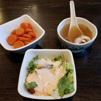 Fuji Japan - Sweet Carrots, Japanese Broth Soup and House Salad with Shrimp Sauce which accompany the dinner entrees. - Japanese Near Me - Rock Hill, South Carolina Fuji Japan - Sweet Carrots, Japanese Broth Soup and House Salad with Shrimp Sauce which accompany the dinner entrees. - Japanese Near Me - Rock Hill, South Carolina