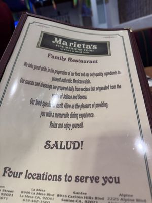 Menu photo 2 Marieta's El Cajon, CA