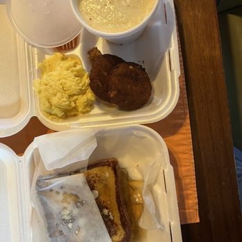 Gutbusters Breakfast - Candler Rd - French toast, Salmon cakes, scrambled eggs, and grits - American Near Me - Decatur, Georgia Gutbusters Breakfast - Candler Rd - French toast, Salmon cakes, scrambled eggs, and grits - American Near Me - Decatur, Georgia