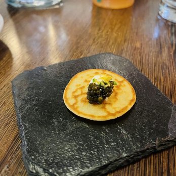 Perle Restaurant - Chef's Special Caviar on small pancake - New American Near Me - Pasadena, California Perle Restaurant - Chef's Special Caviar on small pancake - New American Near Me - Pasadena, California